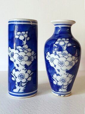 Vintage Chinese Porcelain Miniature VASES Blue & White Plum Blossoms Set of 2